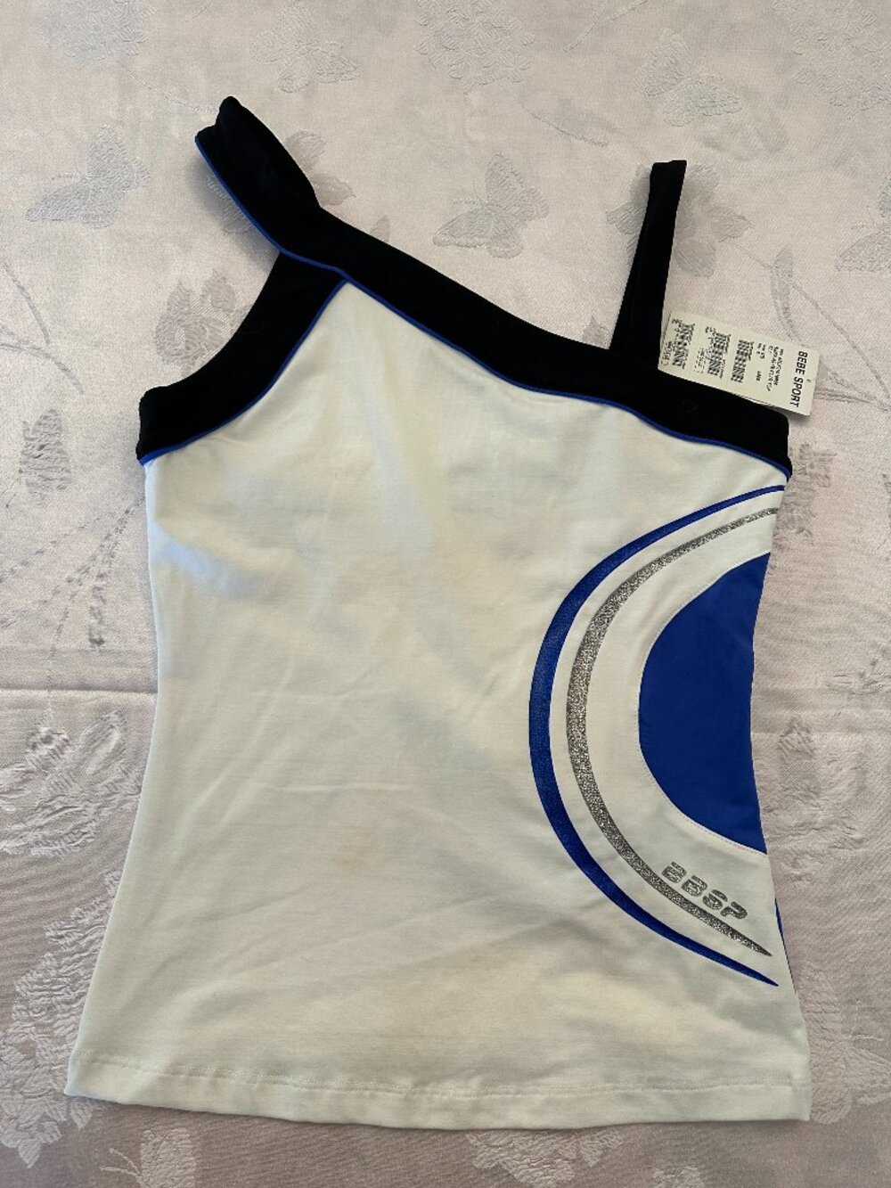 NWT Bebe Sport Y2K White Blue Asymmetrical Glitter Tank Top S